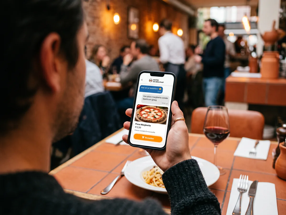 Gast bestelt via de AI-chatassistent op de telefoon